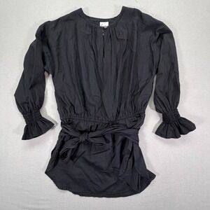 Finley Tunic Blouse Womens Size M Black Smocked Cuff Tie Waist Cotton